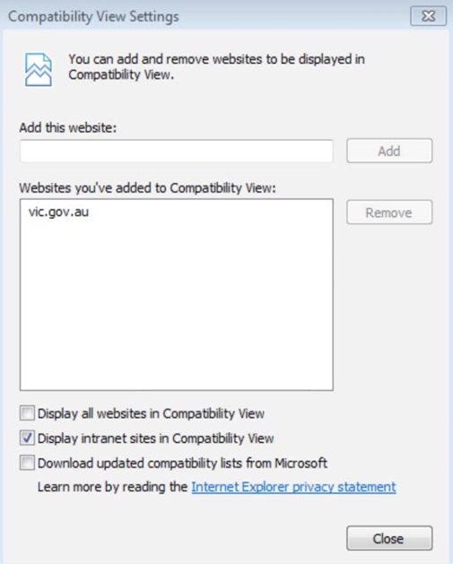 vic.gov.au address added to the list of ‘Websites you’ve added to Compatibility View’