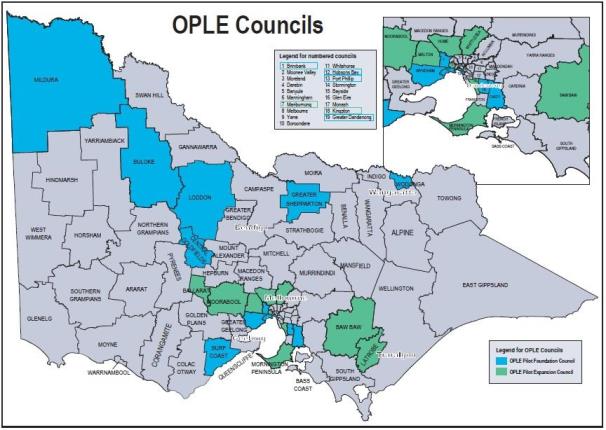A map of Victoria showing councils who are partnering with EPA in the OPLE pilot. Metro councils are shown in blue. Regional councils are shown in green. 
