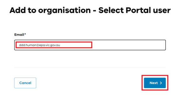 Add to organisation select portal user