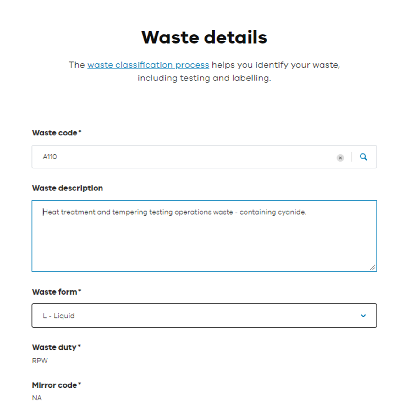 Waste details screen