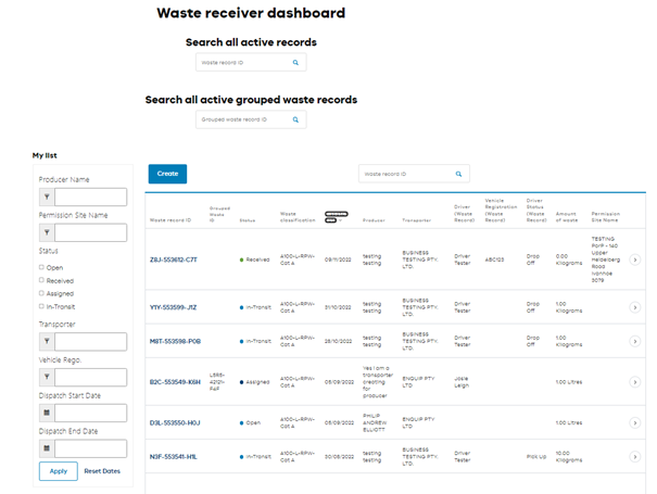 Waste receiver dashboard