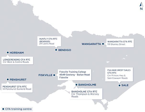 Map of Victoria showing affected CFA regional training centres