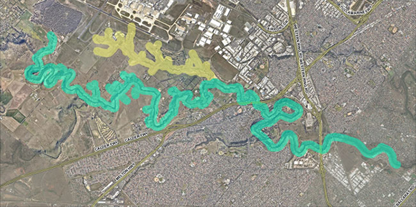 A map showing an aerial view of the Maribyrnong catchment with the waterways highlighted in yellow and green.