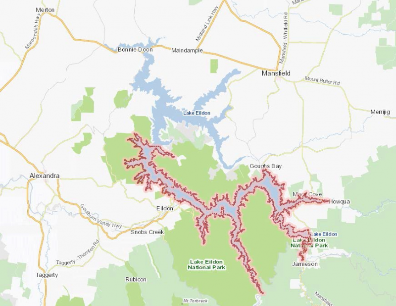 Map of Lake Eildon with red line showing high levels of mercury.