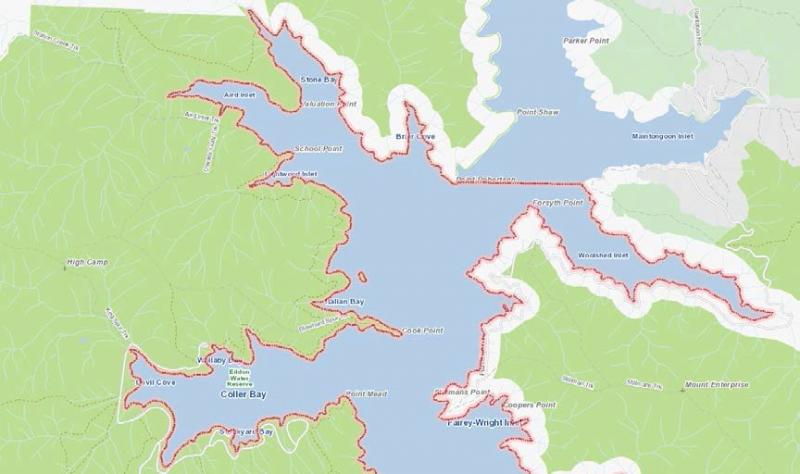 Map of Lake Eildon with red line showing high levels of mercury.