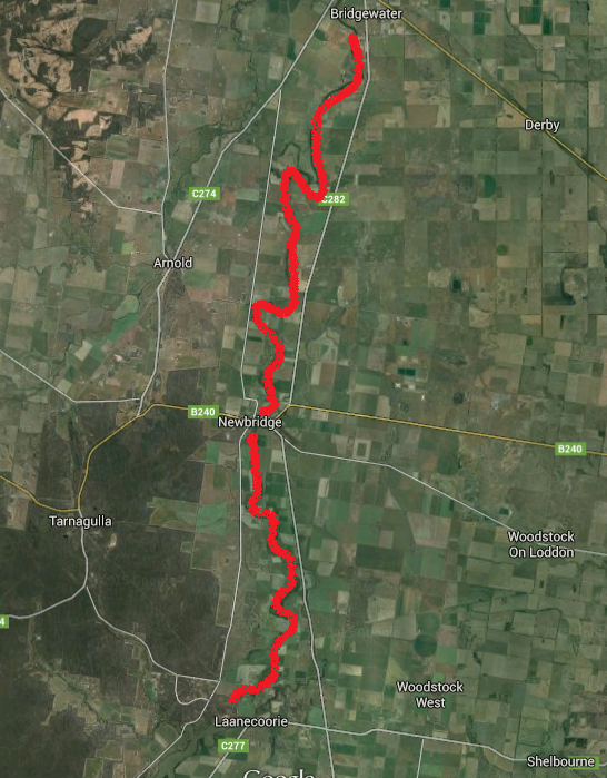 Map of Loddon River with red line showing area affected by elevated mercury levels.