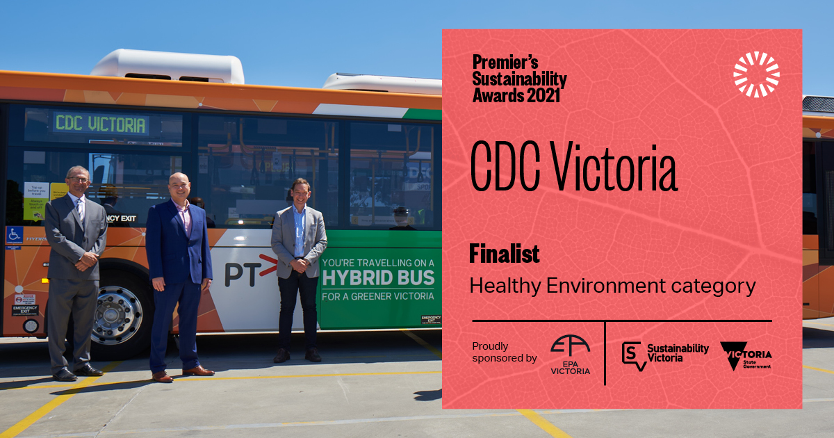 Finalist announced CDC Victoria – CDC Oakleigh introduction of Volvo Zone Management technology. Three men standing in front of a hybrid bus