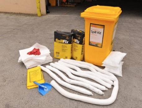 A spill kit contains materials and equipment to contain, soak up, and dispose of liquids.
