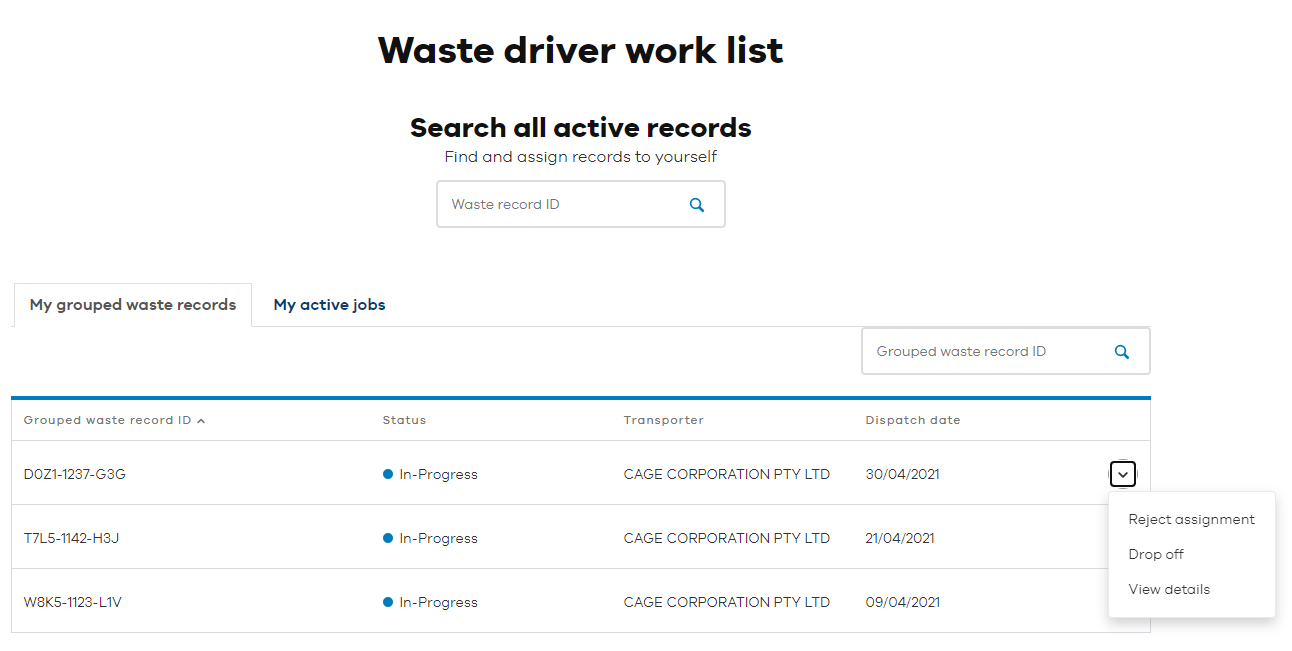 Select grouped waste record
