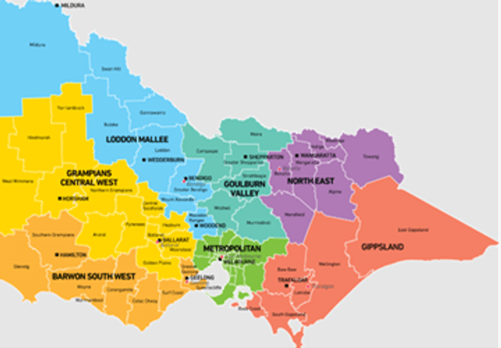 Map showing CERCC declared regions of Victoria