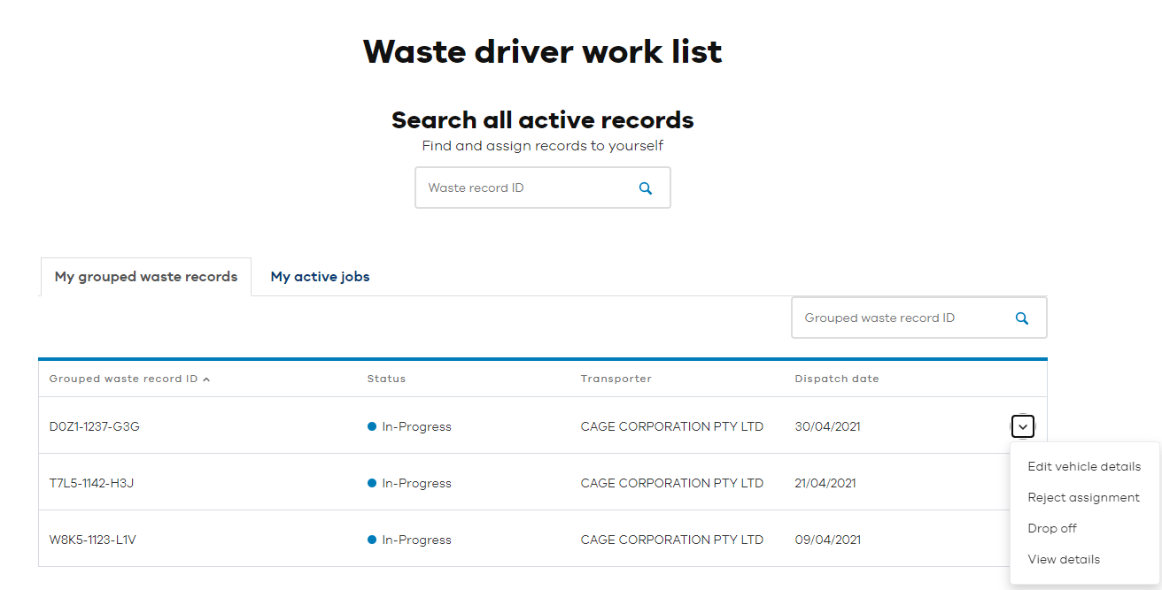 Waste driver work list