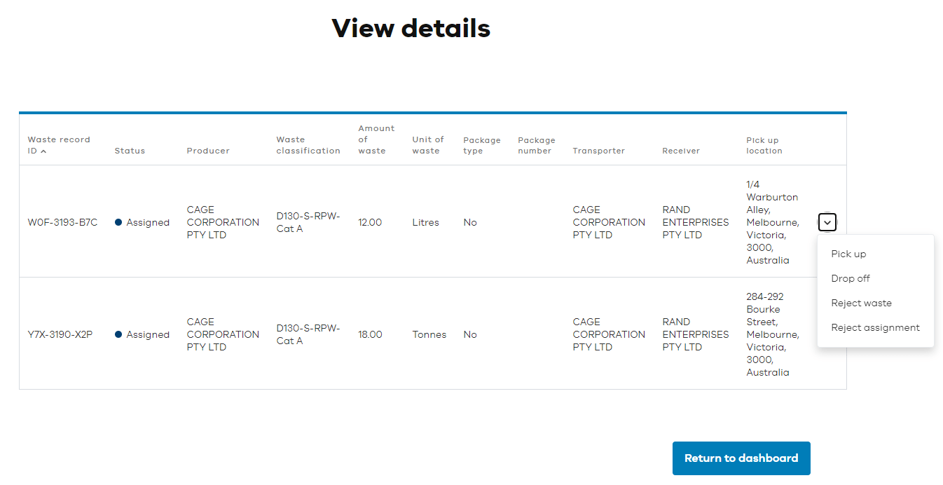 Details of grouped waste record ID