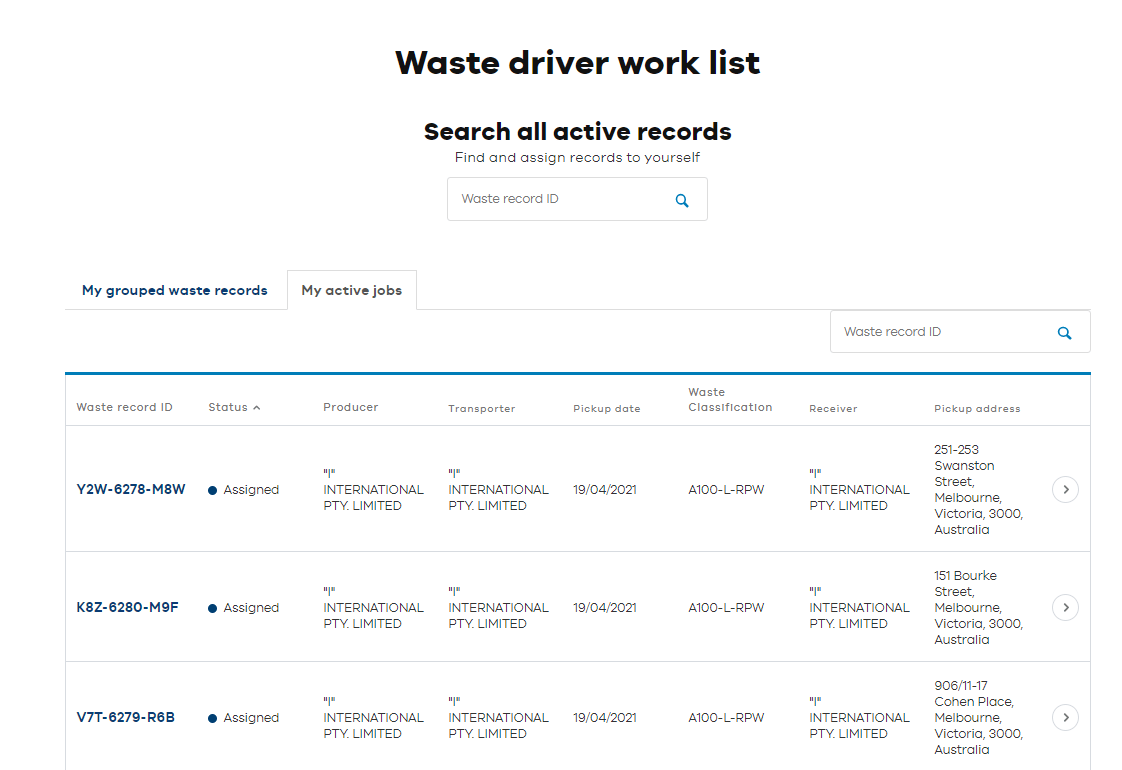 Waste driver worklist