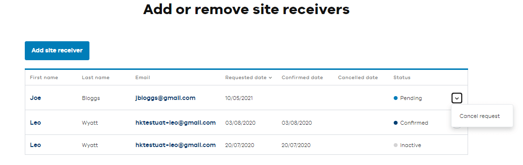 Add or remove site receivers screen