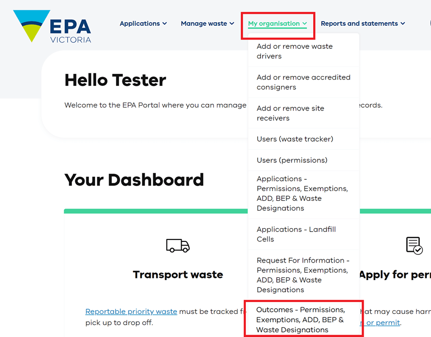 EPA permission administrators navigate org menu