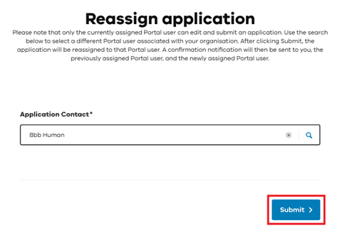 Submit the new application contact selection