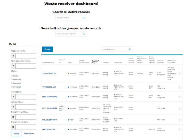 Waste receiver dashboard