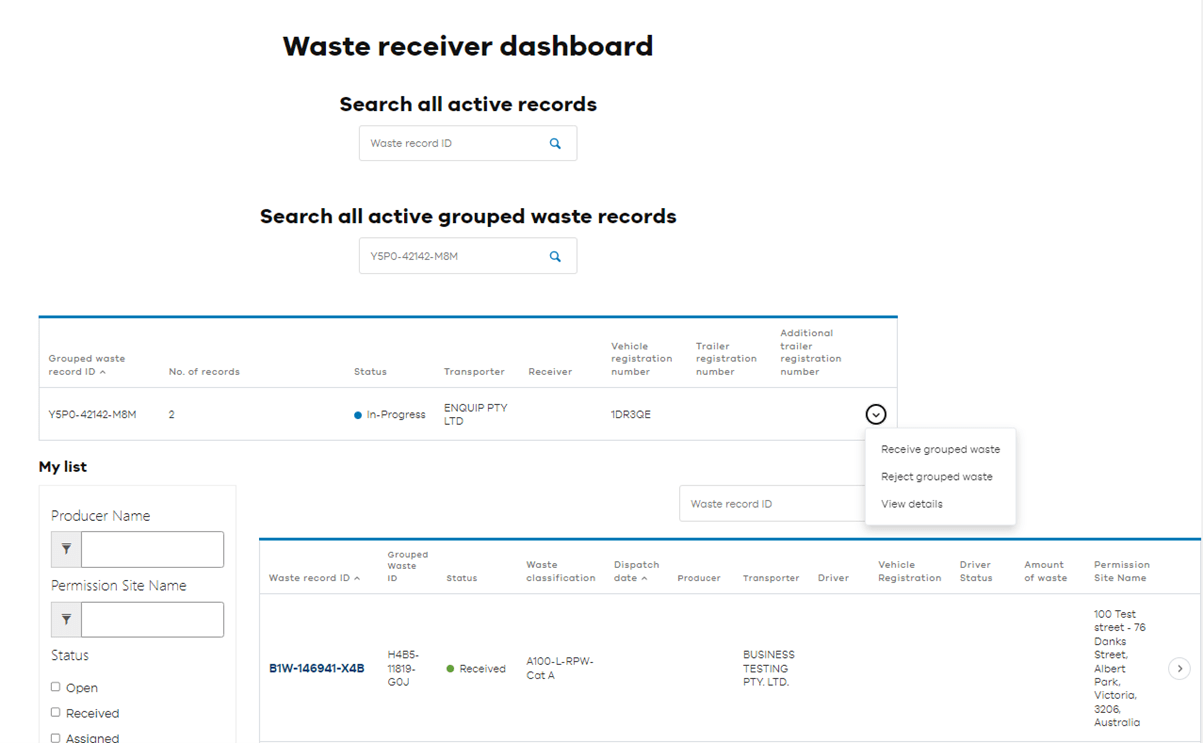 Waste receiver dashboard