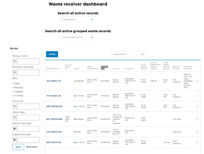 Waste receiver dashboard