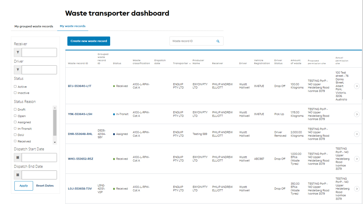 Waste transporter dashboard